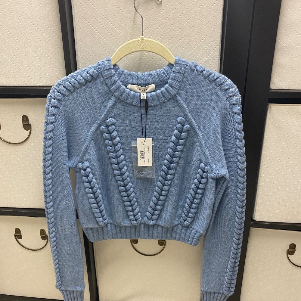 Milly Cropped Braid Stitched Blue Sweater